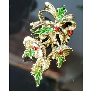 Vintage Golden Bells and Holly brooch Christmas winter holiday pin Gerrys